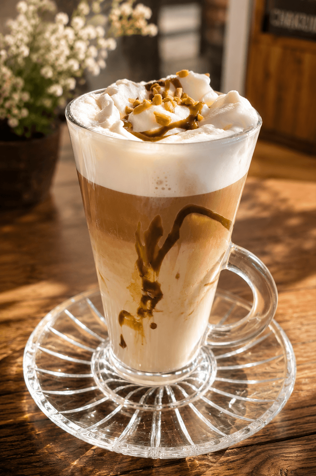 Kawa latte z bitą śmietaną i pistacjowym sosem
